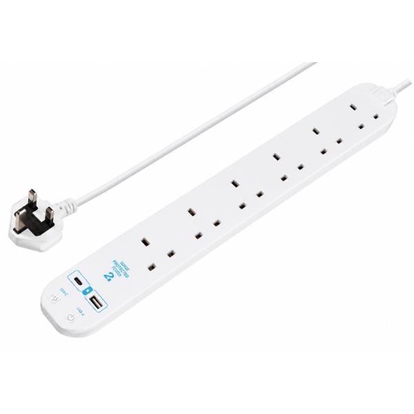 6 SKT 2M 13 AMPSURGE LEAD+USB A+C 10.5W