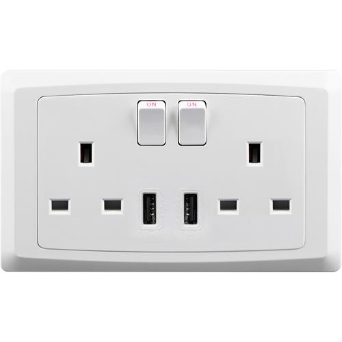 13A 2 GANG SWITCH SOCKET WHITE + 2USB